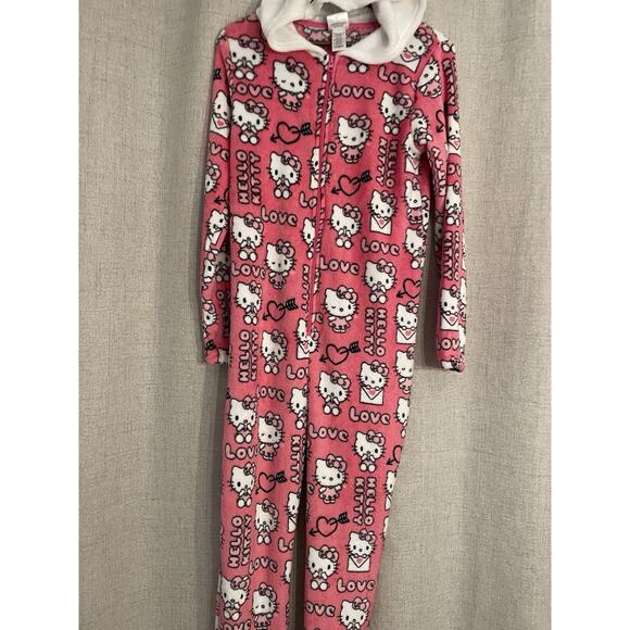 Hello Kitty Pink and White One Piece Fleece Pajama Jumpsuit Adult Size Small New - Picture 2 of 7